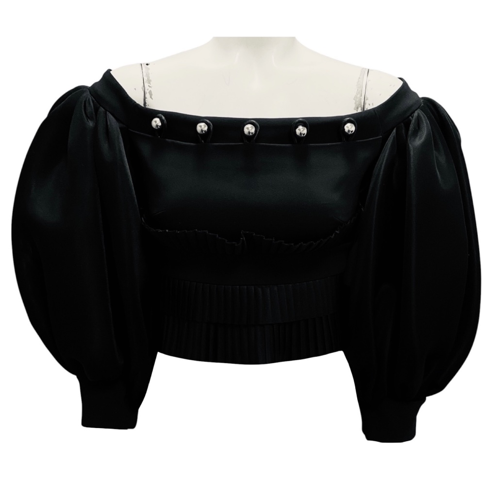 David Koma Black Cady And Neoprene Puff Sleeve Pleats And Metal Balls Detail Cr